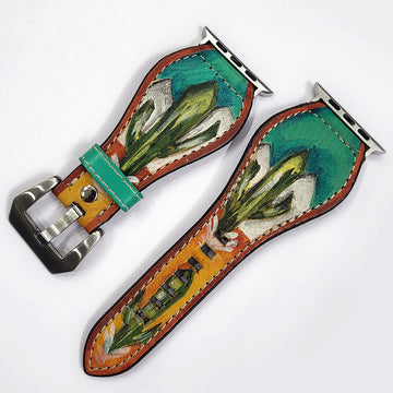American Darling Hand Tooled I watch Strap Genuine Leather With Beautiful Cactus Hand Painted Smart Watch Strap